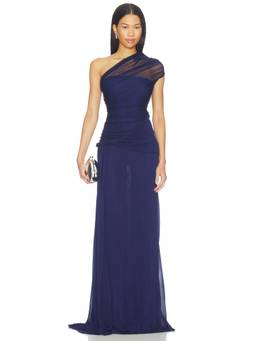 MISHA - Interwoven Women's One Shoulder Ruched Maxi Dress Navy Blue