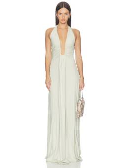 MISHA - Jennifer Cupro Women's Halter Plunging Maxi Dress Green