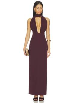 MISHA - Capezza Women's Scarf Detail Plunging Neck Maxi Dress Wine