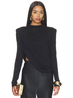 MISHA - Draped Sheen Women's Padded Shoulder Jersey Top Black