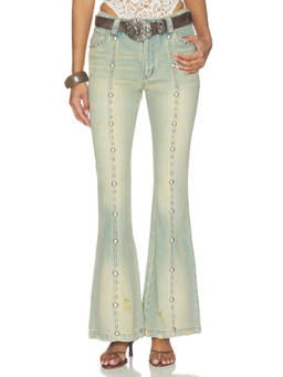 Markgong - Studded Women's Mid-Waist Distressed Flared Jeans Blue