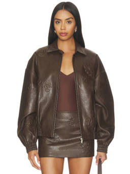 Markgong - Faux Leather Floral Women's Zippered Bomber Jacket Brown