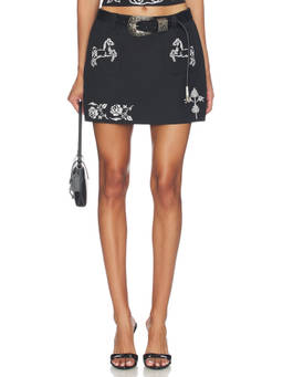 Markgong - Cross Stitch Women's Embroidered Detachable Belt Mini Skirt Black