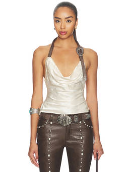 Markgong - Metal Buckle Women's Halter Cowl Neck Satin Top White