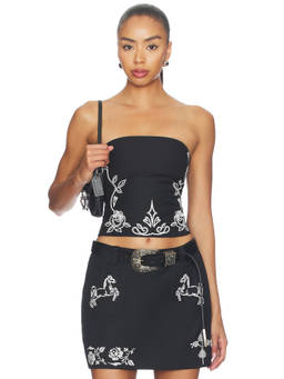 Markgong - Floral Embroidered Women's Smocked Tube Crop Top Black