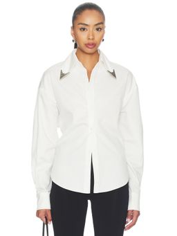 Markgong - Tie-Back Women's Metallic Pointed Collar Button-Down Shirt White