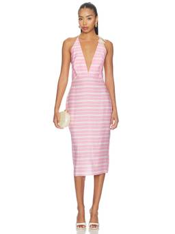 Milkwhite - V-Neck Women's Striped Flower Detail Midi Dress Pink
