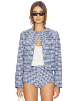 Milkwhite - Tweed Women's Padded Shoulder Button Front Jacket Baby Blue