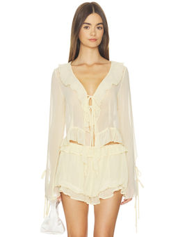 Milkwhite - Ruffle Women's Sheer Tie-Up Crop Top Yellow