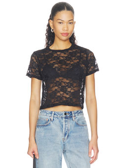 Michael Lauren - Tyrique Women's Sheer Lace Short Sleeve Crop Top Black