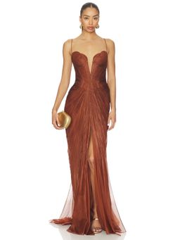 Maria Lucia Hohan - Metallic Gauze Women's Sweetheart Lace-Up Maxi Dress Brown