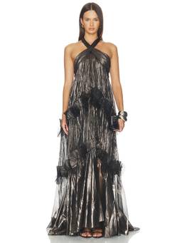 Maria Lucia Hohan - Zadie Women's Metallic Pleated Halter Neck Maxi Dress Bronze