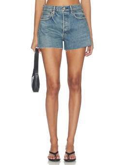 Moussy Vintage - Women's High-Waist Frayed Hem Denim Shorts Blue
