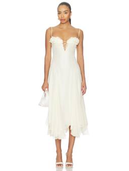 Mirror Palais - Valentina Women's Ruffled Lace-Up Georgette Midi Dress Yellow