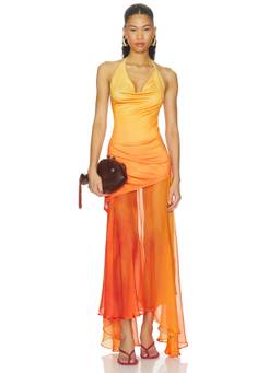 Mirae - Birdie Women's Halter Neck Plunging Maxi Dress Orange