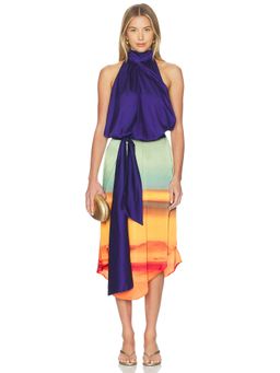 Mirae - Talia Women's Halter Neck Draped Satin Midi Dress Multi-Color