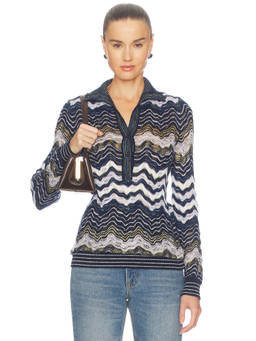 Missoni - Women's Chevron Knit Mock Neck Polo Top Blue