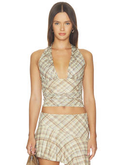 MADISON THE LABEL - Agnes Women's Plaid Halter Neck Sleeveless Crop Top Brown