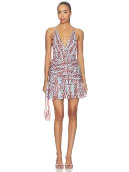 Muma World - Sukara Ana Women's Floral Pleated Plunge Mini Dress Blue