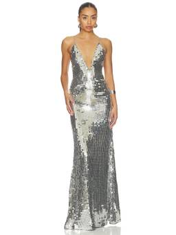 The New Arrivals by Ilkyaz Ozel - Claudie Women's Sequined Plunging Neck Maxi Dress Silver