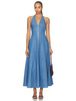 NICHOLAS - Denim Halter Women's Zip-Front A-Line Maxi Dress Blue