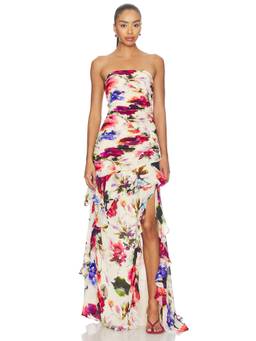NICHOLAS - Ruched Women's Strapless Floral Maxi Dress Multi-Color