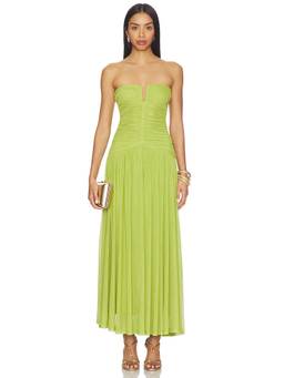 NIA - Beverly Women's Strapless Ruched Mesh Maxi Dress Green