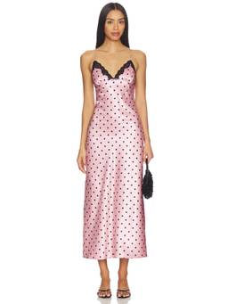 NIA - Jasmine Women's Lace Trim Polka Dot Slip Midi Dress Pink