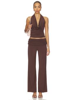 NIA - Paolo Women's Foldover High Waist Wide Leg Palazzo Pants Brown