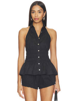 NIA - Women's Smocked Halter Neck Button Front Peplum Top Black