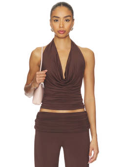 NIA - Declan Women's Halter Neck Open Back Jersey Top Coffee