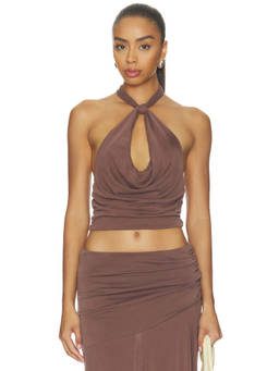 NIA - Lucia Women's Halter Neck Tie-Up Crop Top Brown