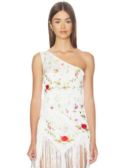 NIIHAI - Lara Fringe Women's One-Shoulder Floral Applique Top White