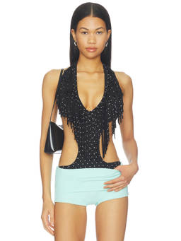 NIIHAI - Fringe Women's Halter Tie-Up Cut-Out Bodysuit Black