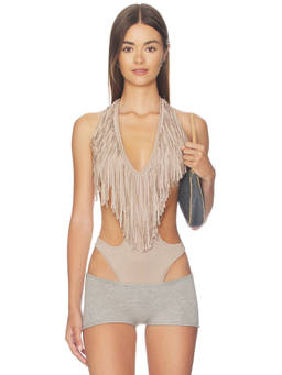 NIIHAI - Women's Fringe Halter Tie-Up Bodysuit Sand
