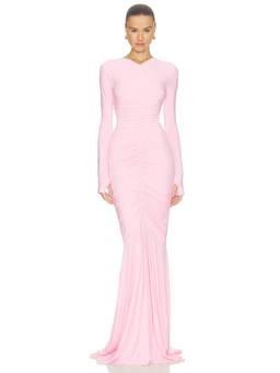 Norma Kamali - Long Sleeve Women's Shirred V-Neck Fishtail Gown Pink