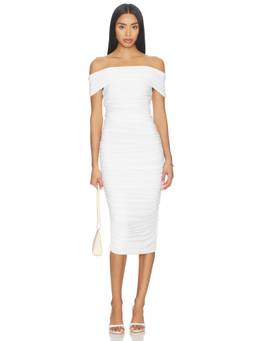 Norma Kamali - Cowl Neck Women's Ruched Off Shoulder Midi Dress White