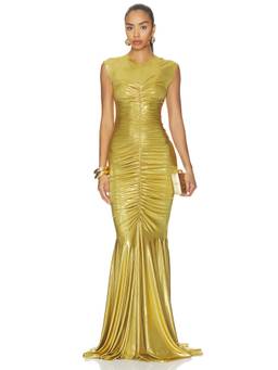 Norma Kamali - Sleeveless Women's Ruched V-Neck Fishtail Gown Gold