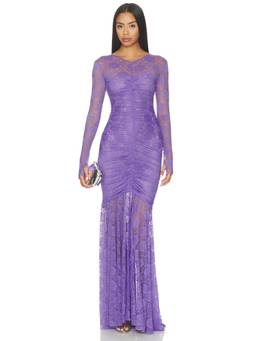 Norma Kamali - Long Sleeve Women's Ruched V-Neck Fishtail Gown Lavender