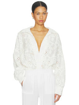 Norma Kamali - Super Oversized Women's Eyelet Collar Neck Bodysuit White
