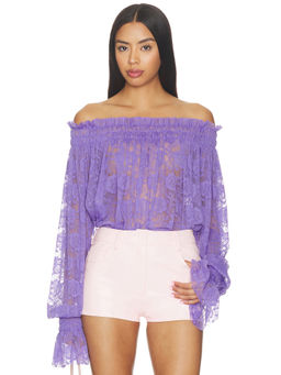 Norma Kamali - Long Sleeve Women's Sheer Lace Peasant Top Lavender
