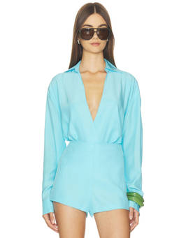 NONchalant Label - Valen Women's Silk Satin V-Neck Snap Button Bodysuit Aqua