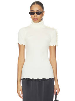 OperaSPORT - Seamless Women's Ribbed Mock Neck Lettuce Hem Top White