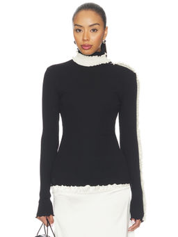 OperaSPORT - Amelie Women's Ruffled High Neck Rib Knit Top Black