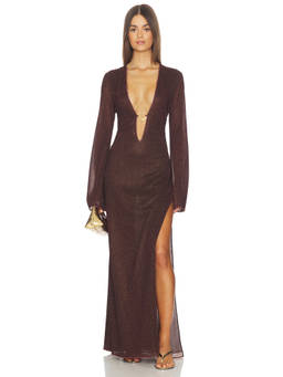 Oseree - Lumiere O Women's Metallic Jersey Plunging Neck Kaftan Brown