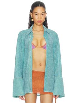 Oseree - Lumiere Women's Metallic Thread Button-Front Shirt Turquoise