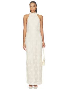 OW Collection - Collette Women's Sequined Crochet Knit Maxi Dress Light Beige