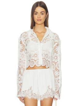 OW Collection - Alba Women's Crochet Open Knit Snap Button Blouse White