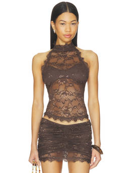 OW Collection - Selah Women's Lace Halter Neck Sleeveless Top Brown