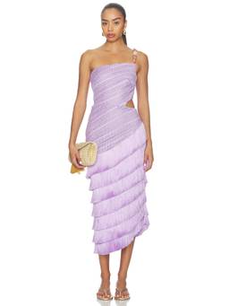 PatBO - Lila Fringe Cut-Out Women's One-Shoulder Midi Dress Lavender